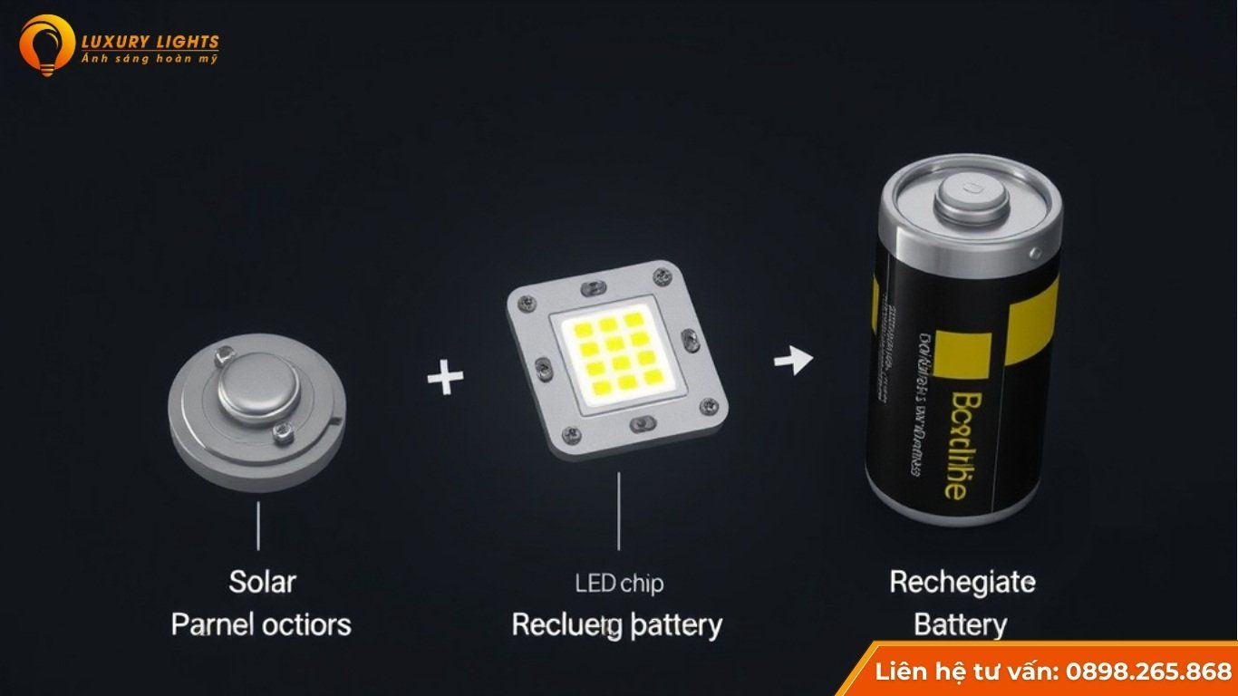 Cấu tạo cơ bản: tấm pin, chip LED, pin lưu trữ