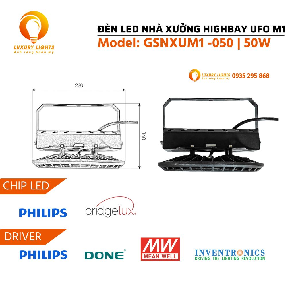 Thông số kỹ thuật Đèn Led Công Nghiệp Nhà Xưởng Highbay 50W - GSNXUM1-050