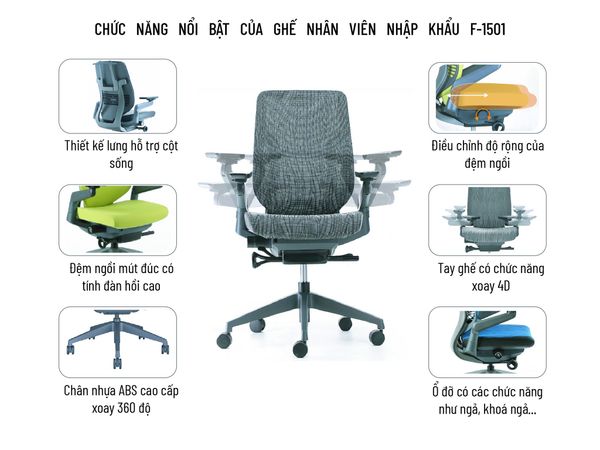 ghế nhân viên nhập khẩu MEVEHI F-1501 thiết kế công thái học tốt cho sức khỏe người dùng