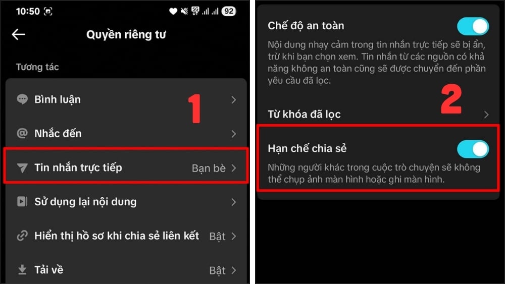 Vào Tin nhắn trực tiếp > Hạn chế chia sẻ > bật tính năng chặn màn hình tin nhắn
