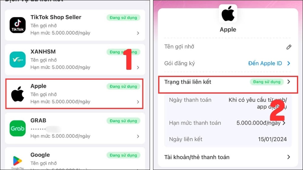 Chọn Apple Services và nhấn Trạng thái liên kết