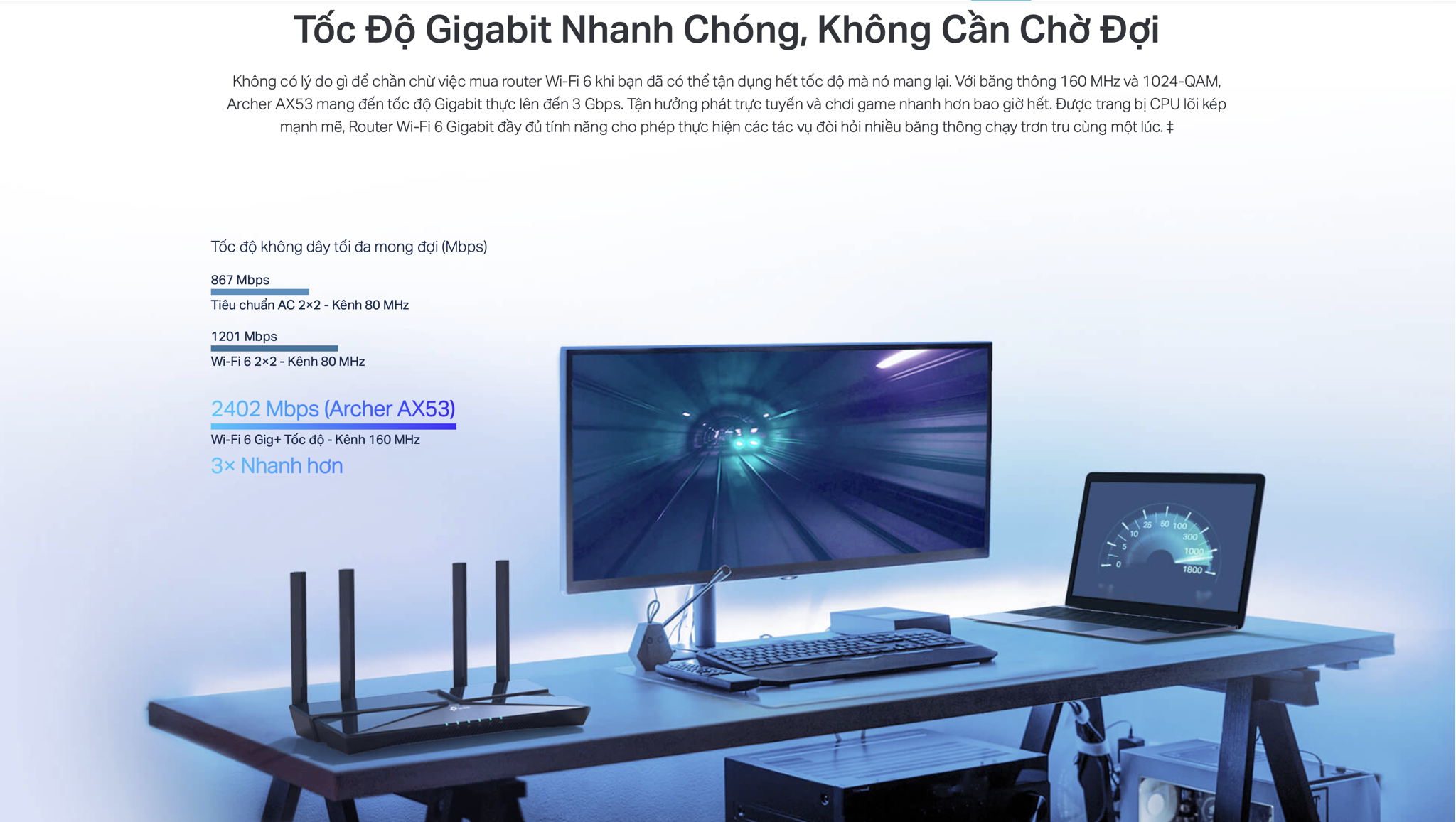 Router Wifi 6 Gigibit băng tần kép TP-Link AX3000 Archer AX53 tốc độ nhanh