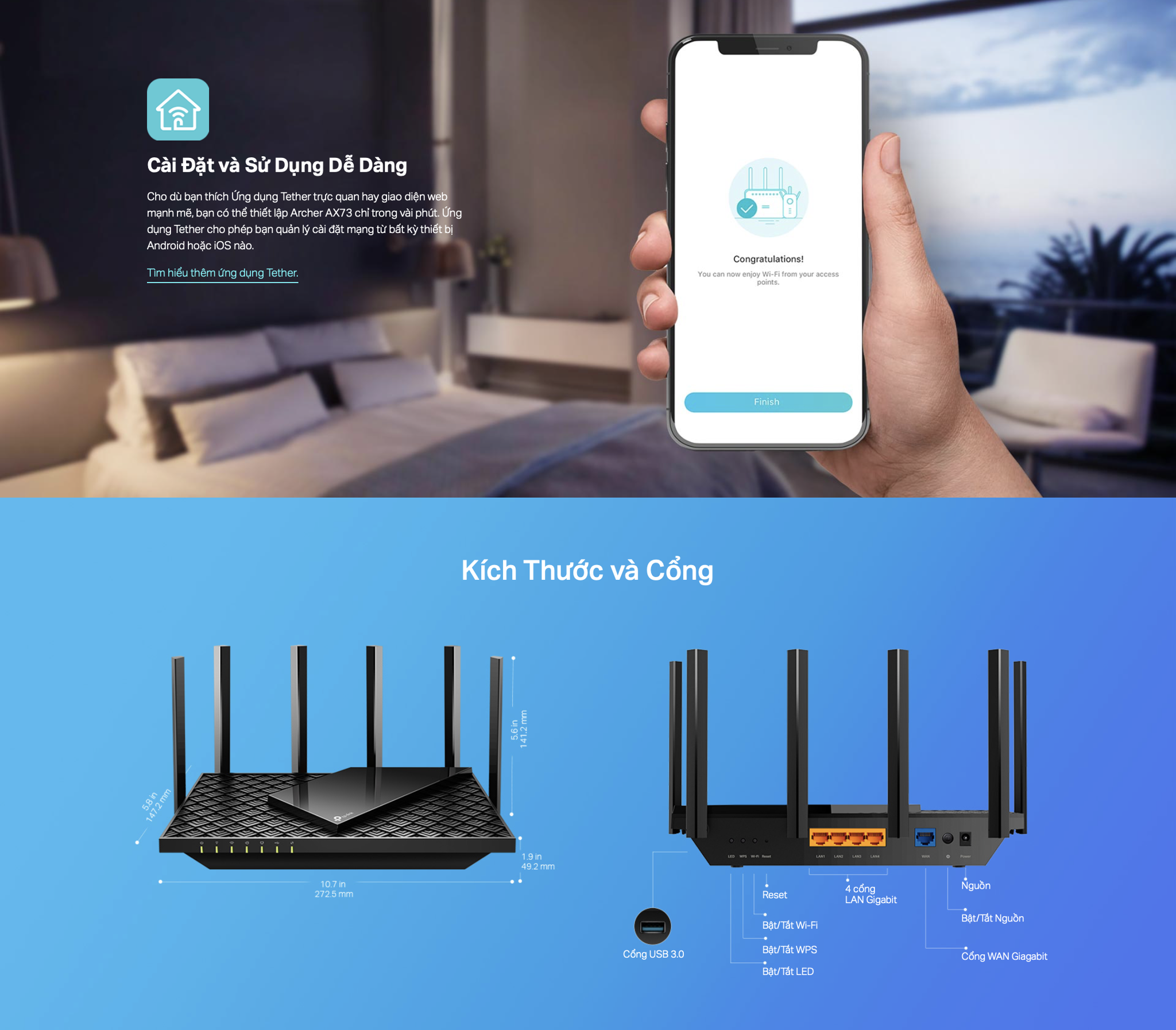 Router Wifi 6 Gigabit TP-Link Archer Ax73 băng tầng kép Ax5400 dễ dùng