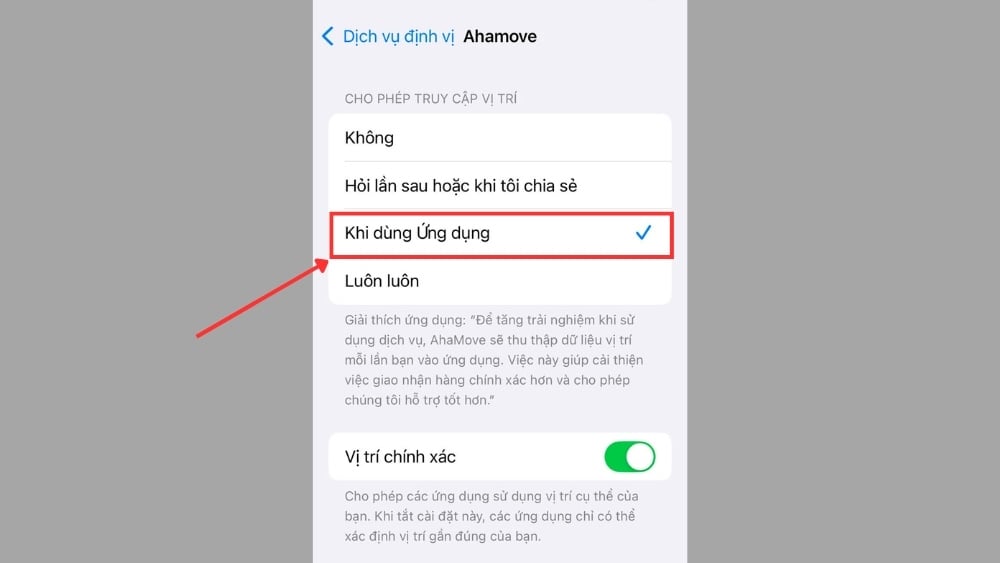 Chọn tuỳ chọn để hạn chế ứng dụng quyền truy cập vị trí.
