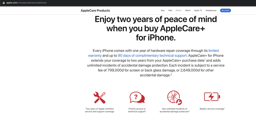 Gói bảo hành rơi vỡ AppleCare+ cho iPhone 14, iPhone 15, iPhone 16