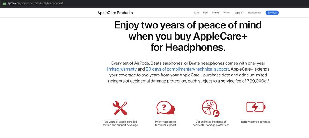 Gói bảo hành rơi vỡ AppleCare+ cho tai nghe Apple AirPods