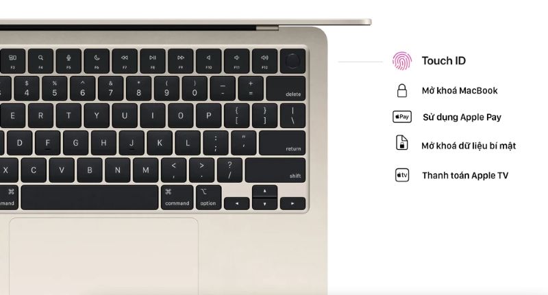 Bàn phím MacBook Air M2 13 inch được tích hợp Touch ID