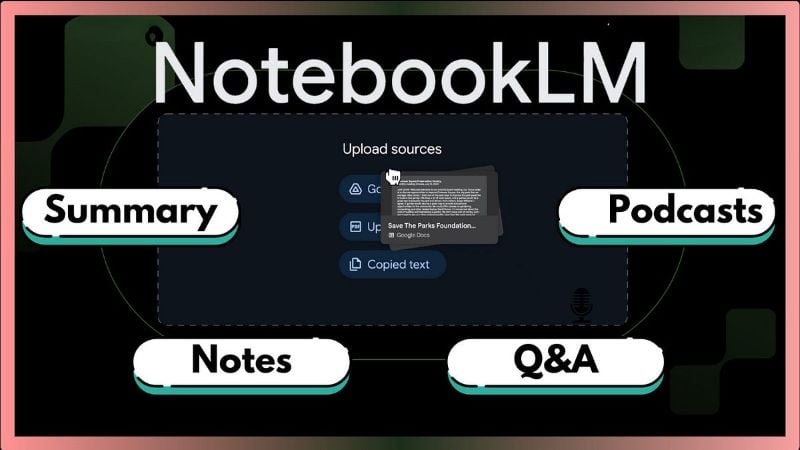 Giao diện chính của NotebookLM với các chức năng Summary, Notes, Q&A và Podcasts