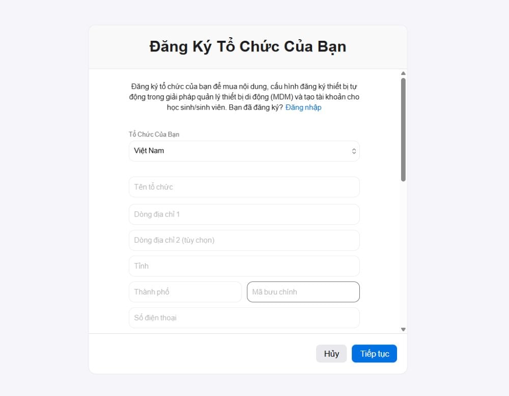 Giao diện đăng ký Apple School Manager