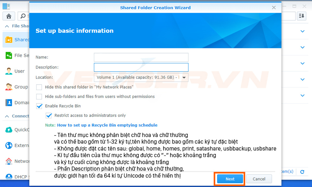 Cách tạo thư mục chia sẻ Shared Folder trên NAS Synology