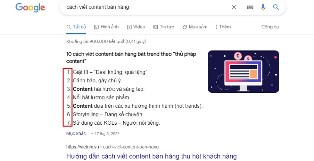 Dạng snippet danh sách