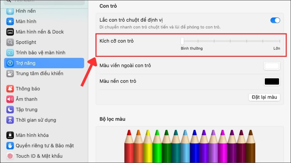Kéo thanh điều chỉnh để phóng to/nhỏ con trỏ theo sở thích.