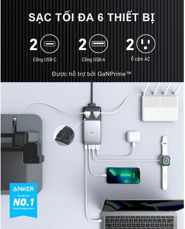 Đế sạc Anker 727 A9126 có khả năng sạc 6 thiết bị cùng lúc