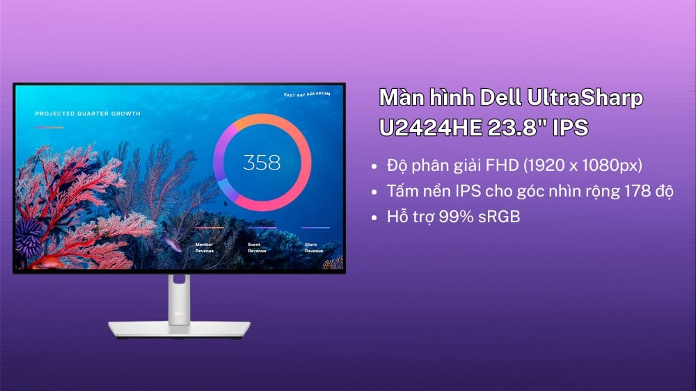 Dell UltraSharp U2424HE trang bị tấm nền IPS, độ phân giải Full HD.