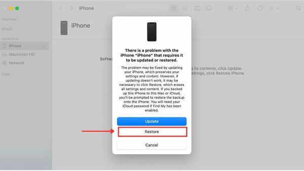 Chọn Restore iPhone để tiến hành khôi phục hệ điều hành.
