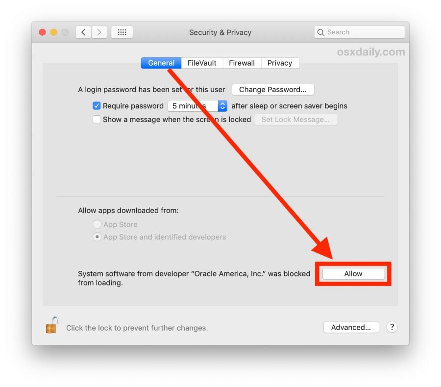 Tại tab General nhập mật khẩu Admin sau đó chọn App Store and identified developers