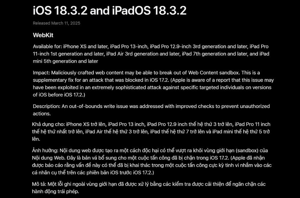 iOS 18.3.2 khắc phục lỗi WebKit