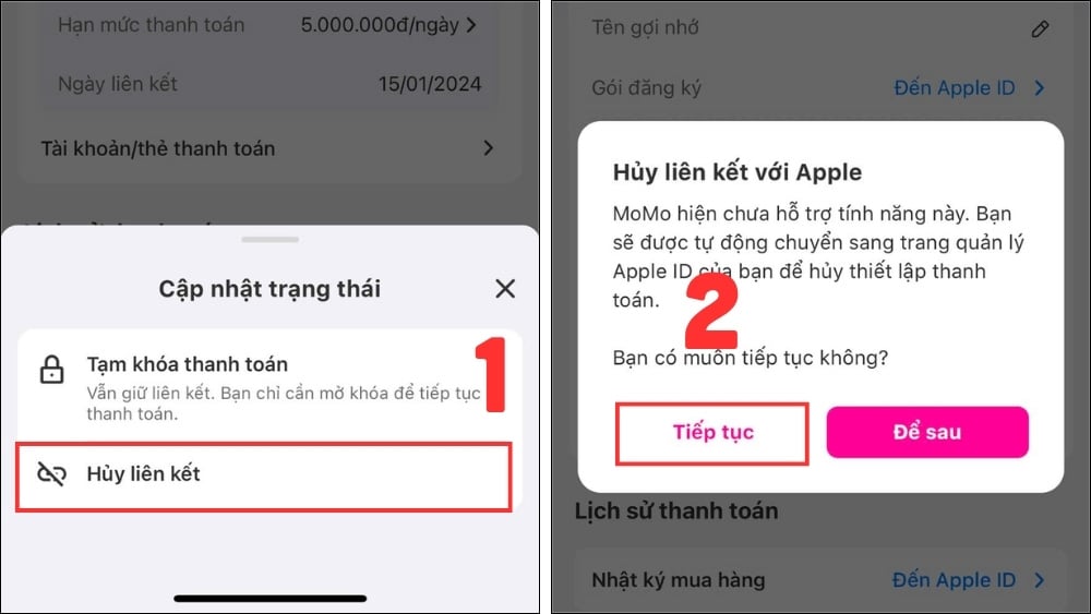Nhấn Huỷ liên kết và chọn Tiếp tục để xác nhận