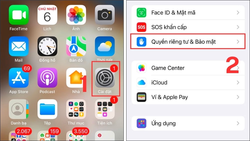 Mở Cài đặt > Quyền riêng tư & Bảo mật.