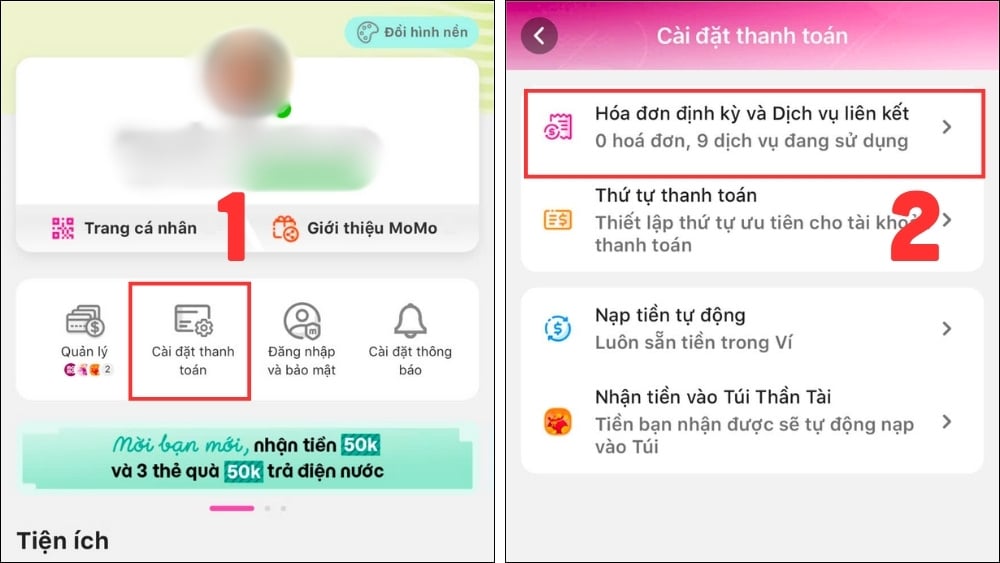 Vào mục Cài đặt thanh toán và chọn Hoá đơn định kỳ và Dịch vụ liên kết