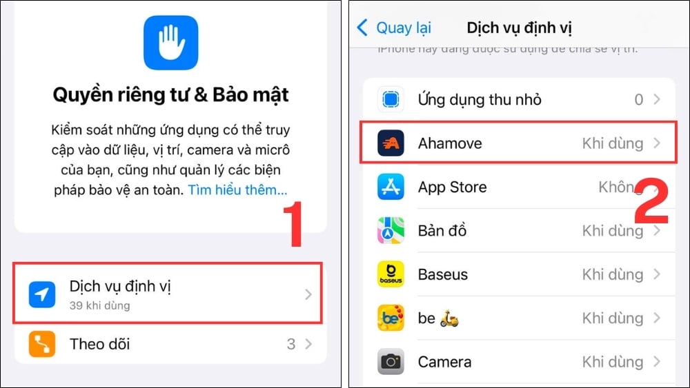 Chọn ứng dụng giới hạn truy cập vị trí tại Dịch vụ định vị.