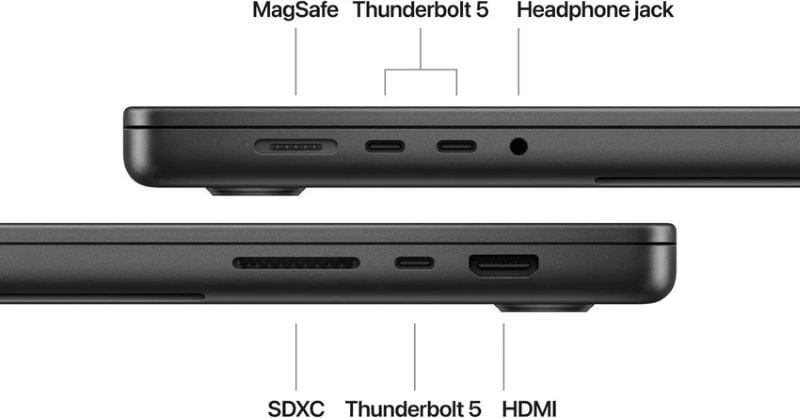 MacBook Pro M4 trang bị đầy đủ cổng kết nối như Thunderbolt 5, HDMI và khe thẻ nhớ SD