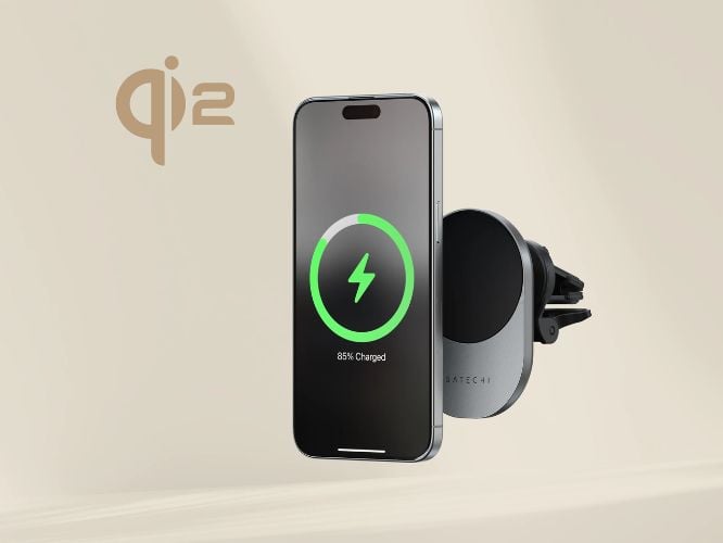Sạc Satechi Magsafe Qi2 15W kiêm giá đỡ cho iPhone trên ô tô