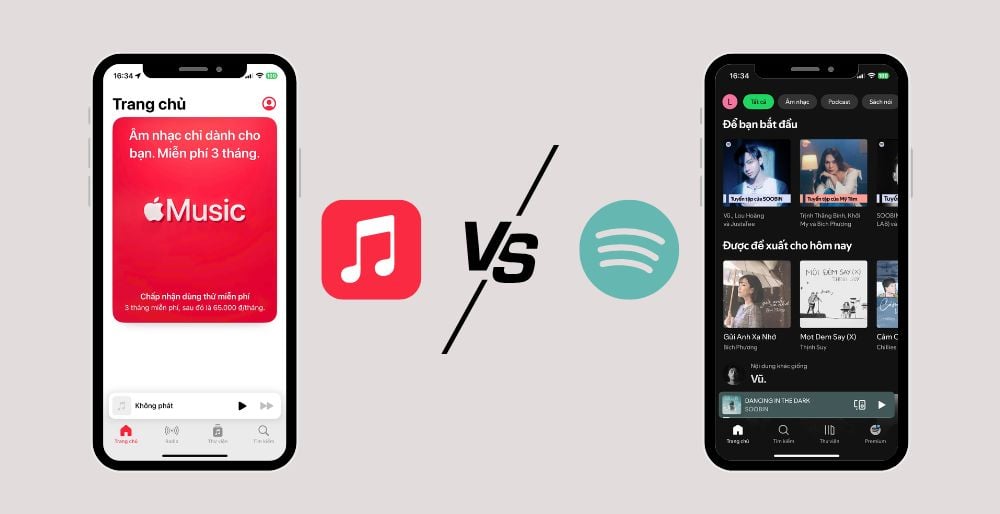 Trang chủ của Apple Music và Spotify