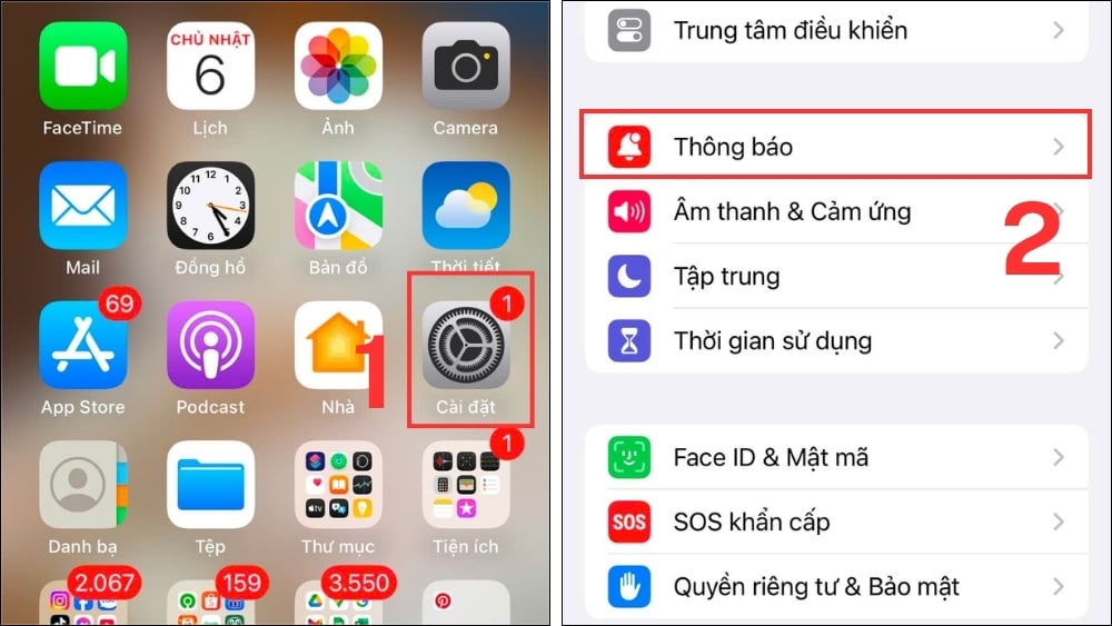 Vào Cài đặt > Thông báo.