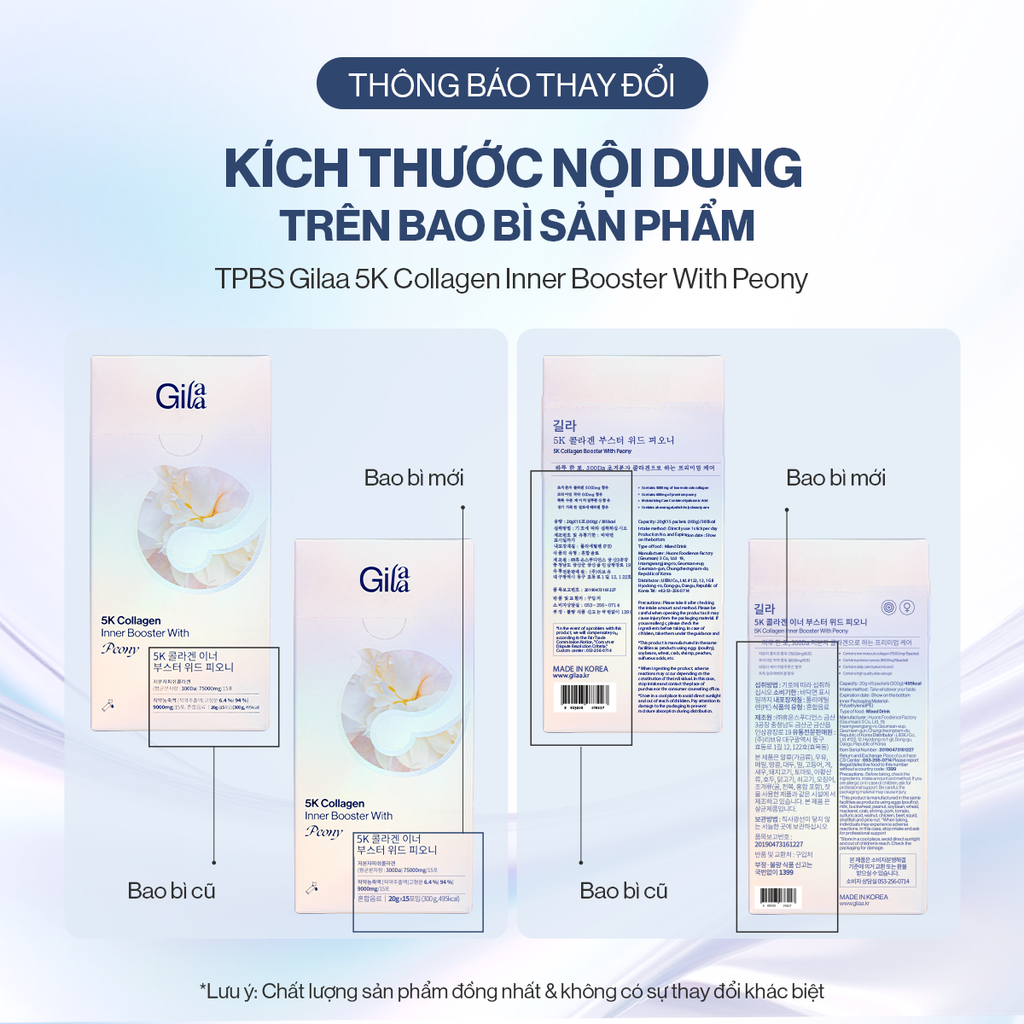 Thông Báo Thay Đổi Kích Thước Nội Dung Trên Bao Bì Sản Phẩm TPBS Gilaa 5K Collagen Bright Booster With Saffron & TPBS Gilaa 5K Collagen Inner Booster With Peony