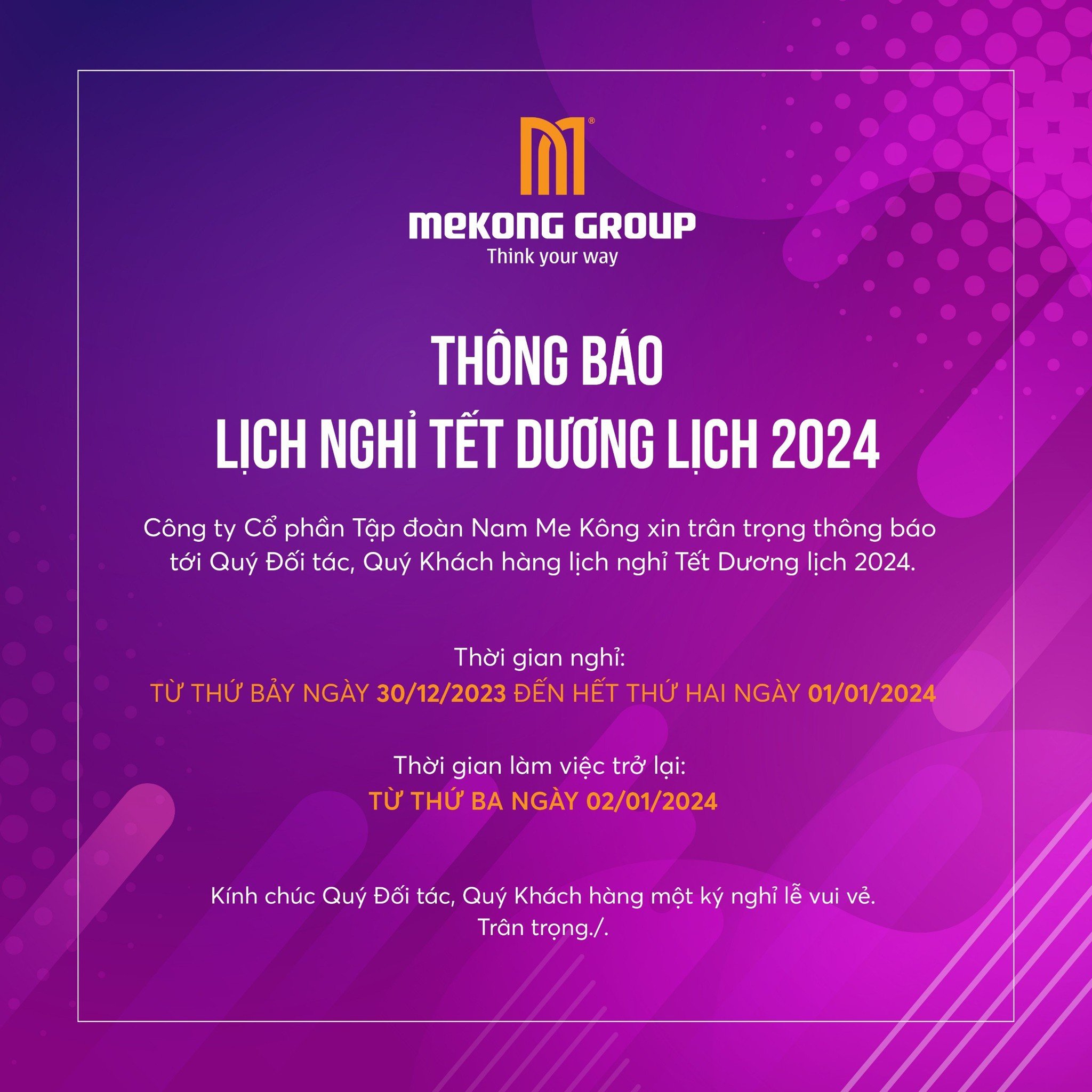MEKONG GROUP (MCK: VC3) THÔNG BÁO LỊCH NGHỈ TẾT DƯƠNG LỊCH 2024
