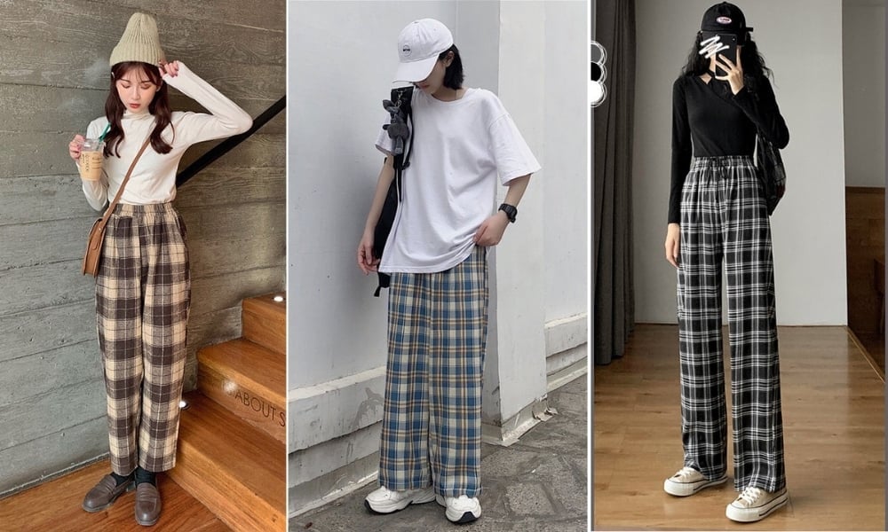 Chiếc quần culottes caro cùng phom dáng rộng