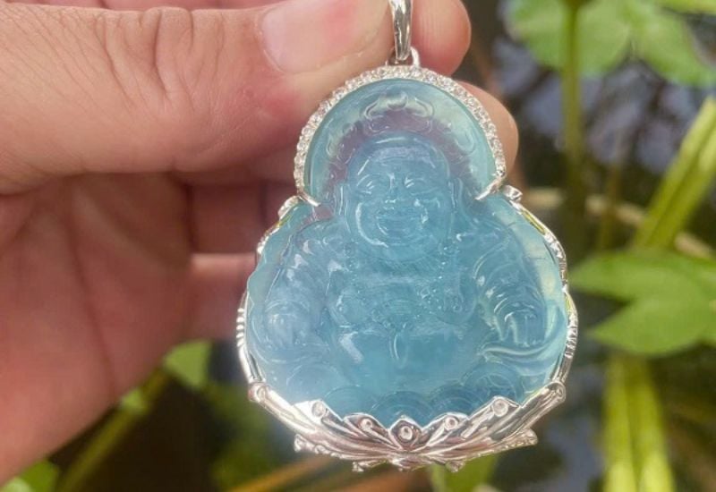 Mặt Phật Di Lặc đá Aquamarine bọc bạc