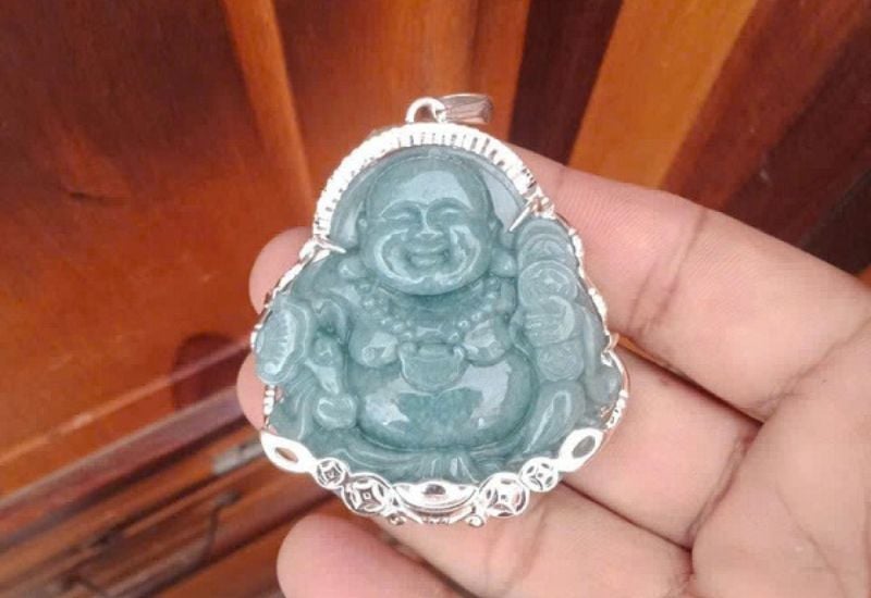 Mặt Phật Di Lặc đá Lam Ngọc bọc bạc