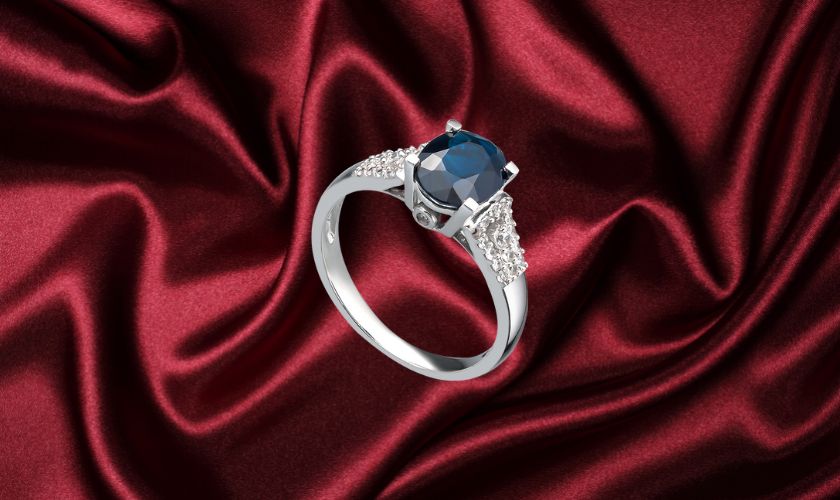 Nhẫn nữ vàng trắng 14K đính đá Sapphire xanh dương