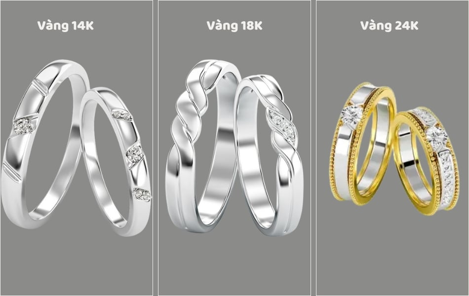 So sánh nhẫn cưới vàng 24K, 18K và 14K