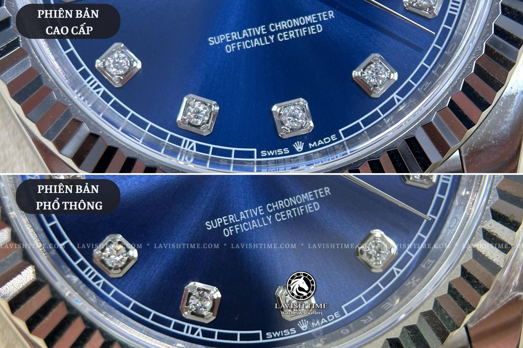 So sánh Đá Cz (Swarovski) đính trên các cọc số giữa đồng hồ Rolex Datejust 41mm 126334 phiên bản cao cấp Super Vip tại Lavish Time và phiên bản phổ thông.