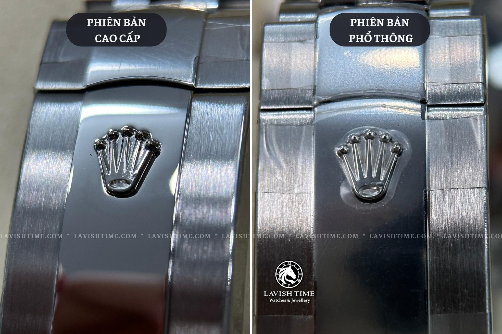 So sánh logo trên khóa đồng hồ Rolex Datejust 41mm 126334 phiên bản cao cấp Super Vip tại Lavish Time và phiên bản phổ thông.