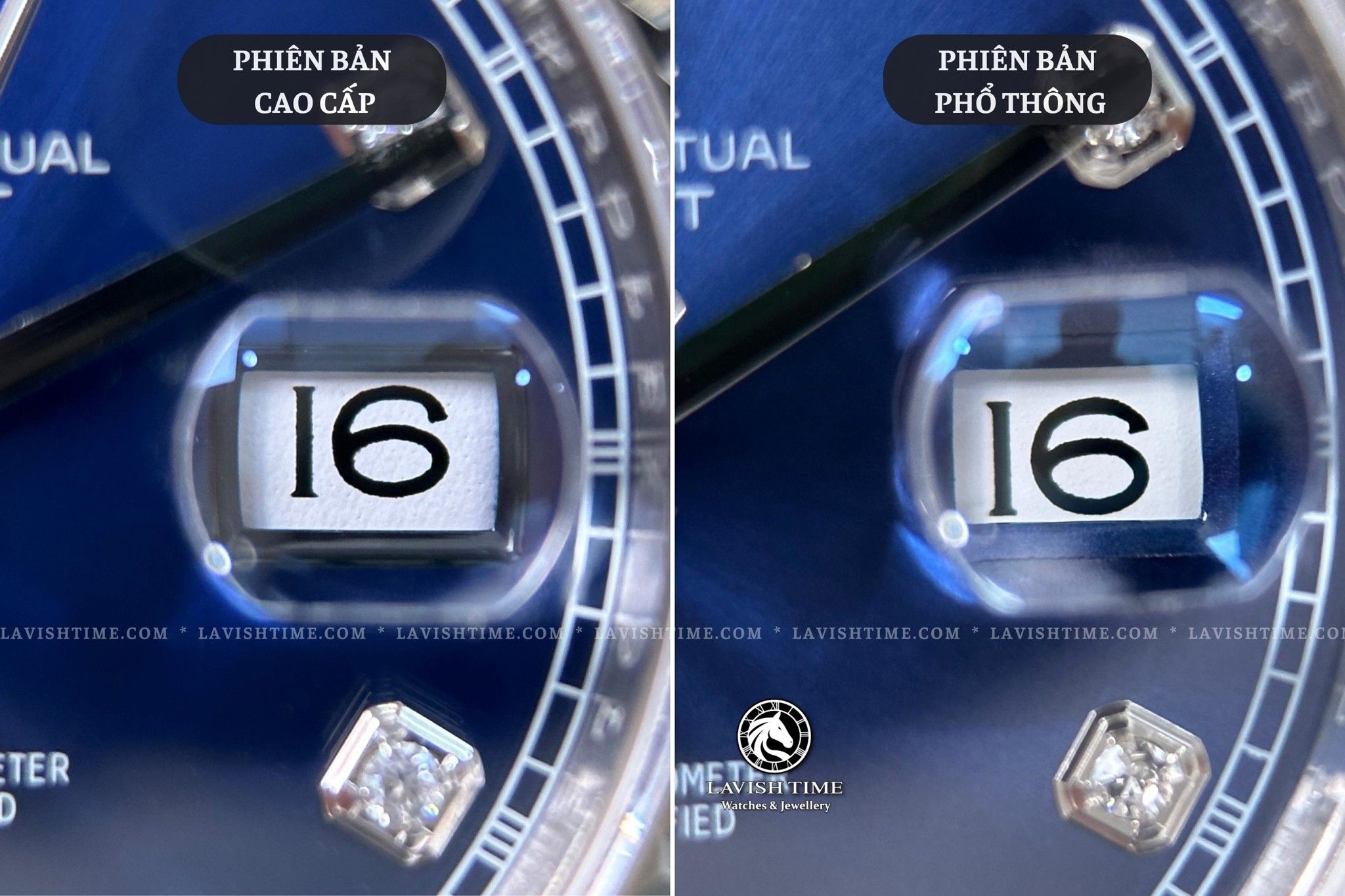 So sánh số trong ô ngày trên mặt số giữa đồng hồ Rolex Datejust 41mm 126334 phiên bản cao cấp Super Vip tại Lavish Time và phiên bản phổ thông.