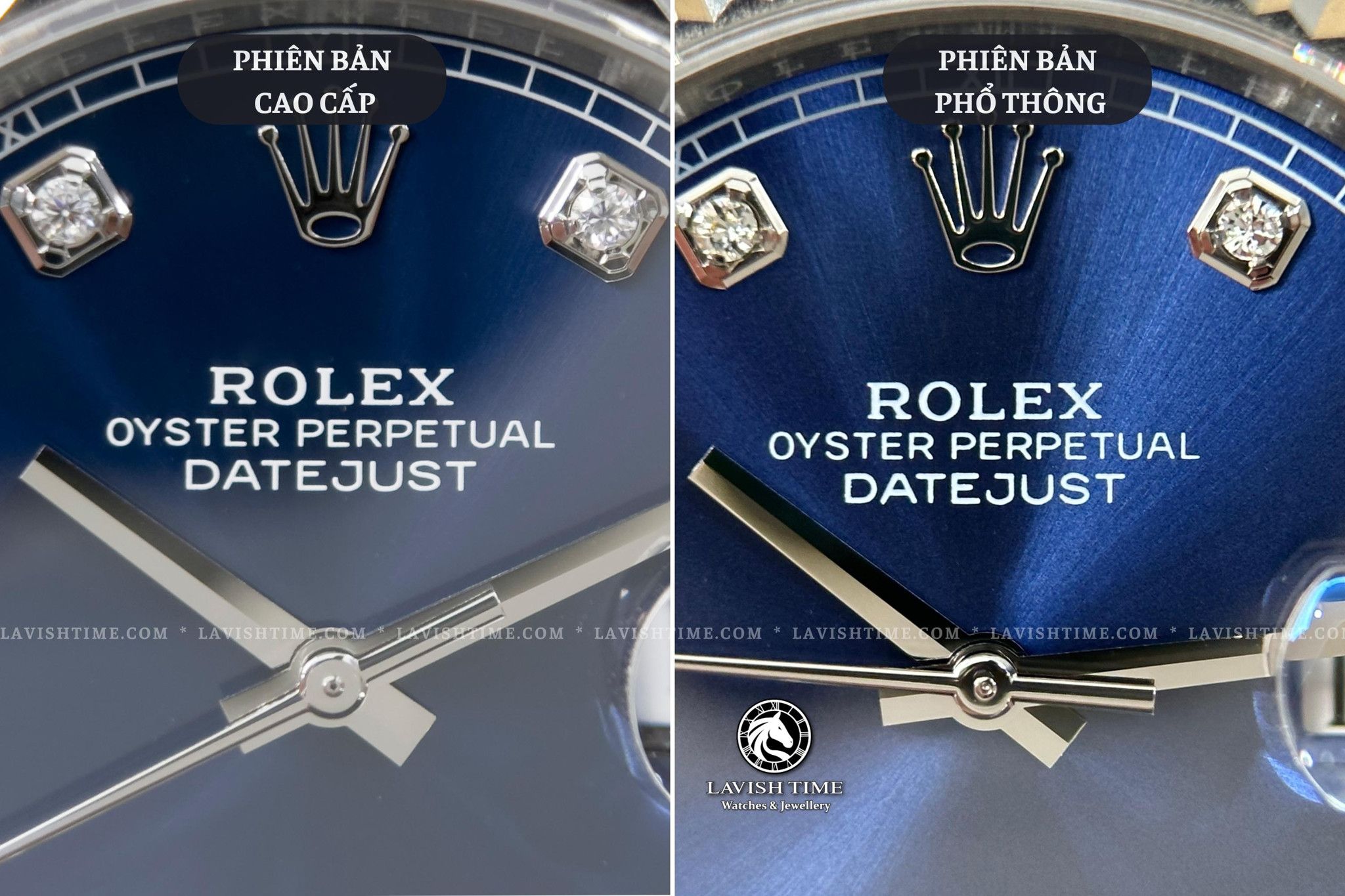So sánh Logo vương miện Rolex trên mặt số ở hướng 12h đồng hồ Rolex Datejust 41mm 126334 phiên bản cao cấp Super Vip tại Lavish Time và phiên bản phổ thông.