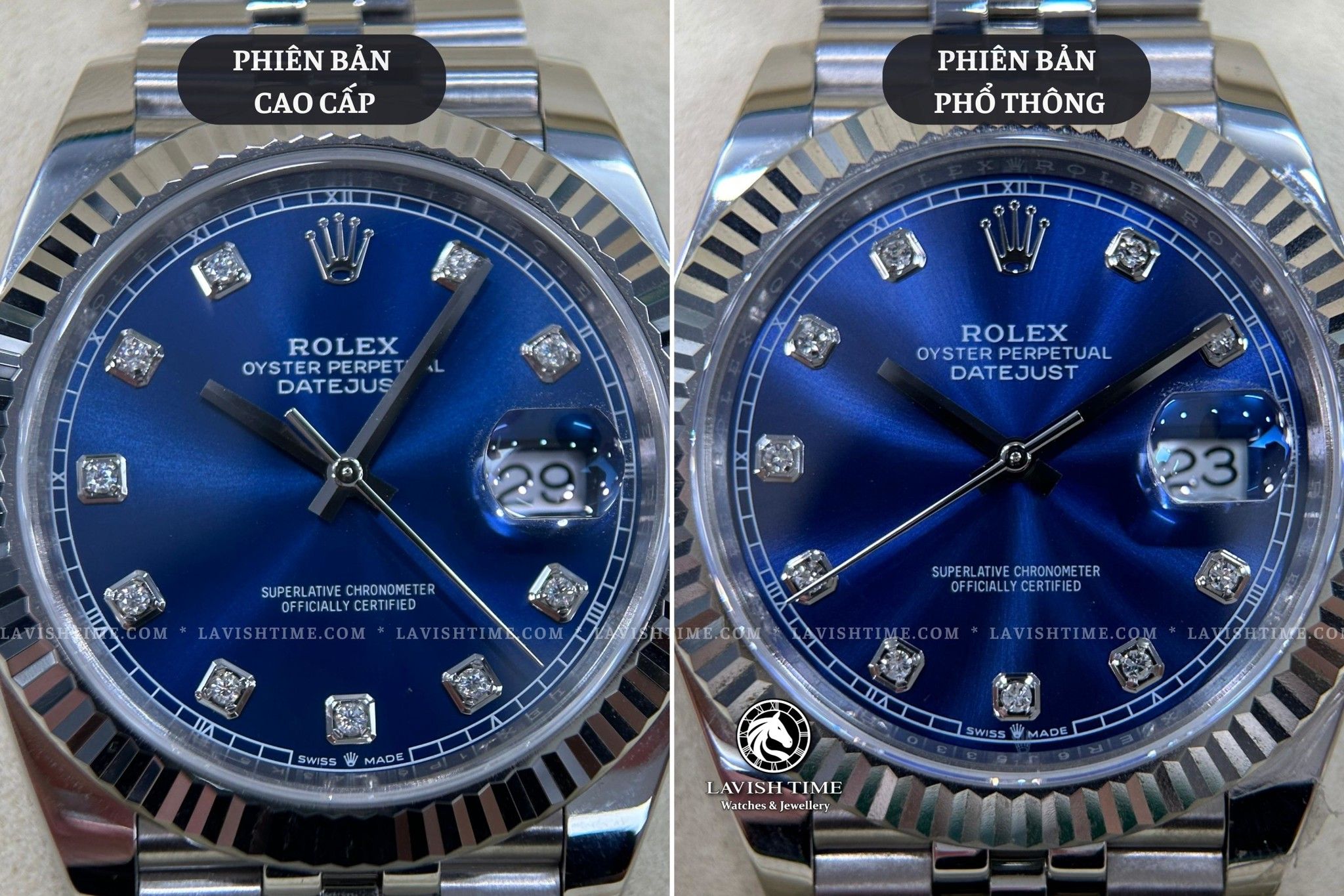 So sánh màu sắc mặt số đồng hồ Rolex Datejust 41mm 126334 phiên bản cao cấp Super Vip tại Lavish Time và phiên bản phổ thông.