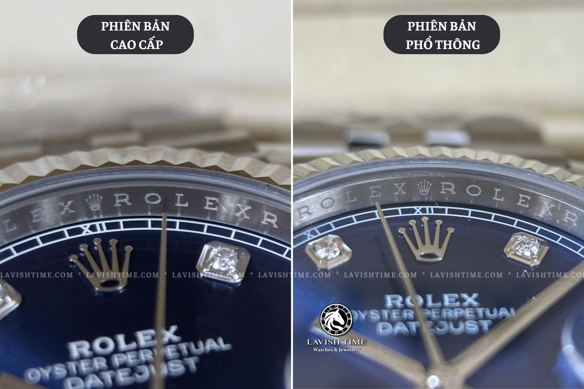 So sánh các ký tự khắc trên vòng Rehaut trên mặt số ở hướng 12h đồng hồ Rolex Datejust 41mm 126334 phiên bản cao cấp Super Vip tại Lavish Time và phiên bản phổ thông.