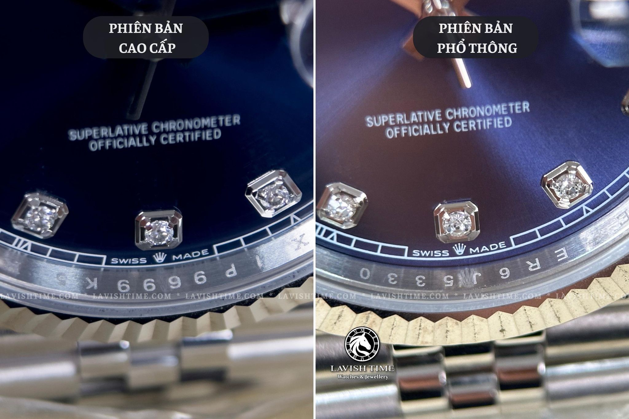 So sánh các ký tự khắc trên vòng Rehaut dưới giữa đồng hồ Rolex Datejust 41mm 126334 phiên bản cao cấp Super Vip tại Lavish Time và phiên bản phổ thông.