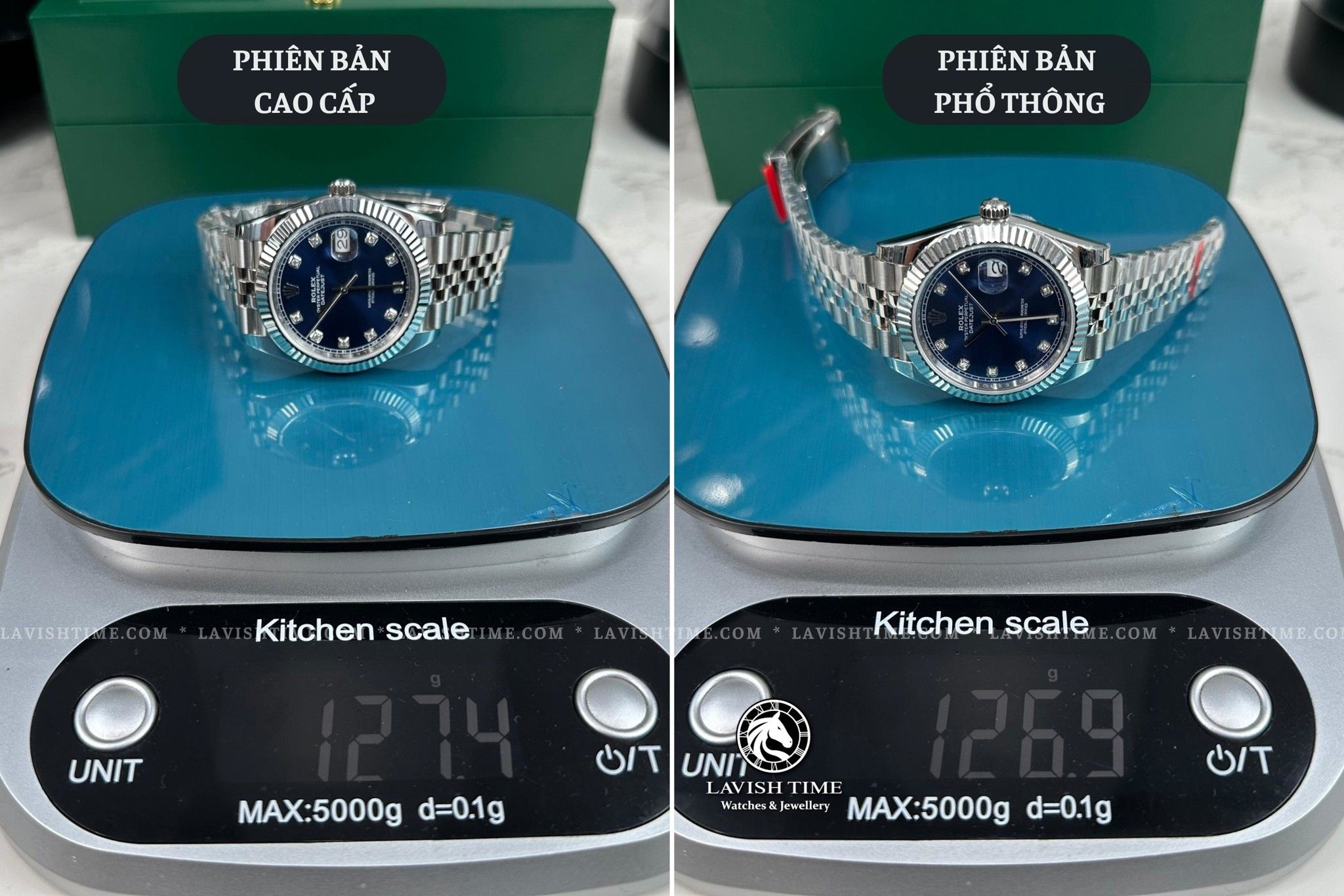 So sánh trọng lượng giữa đồng hồ Rolex Datejust 41mm 126334 phiên bản cao cấp Super Vip tại Lavish Time và phiên bản phổ thông.