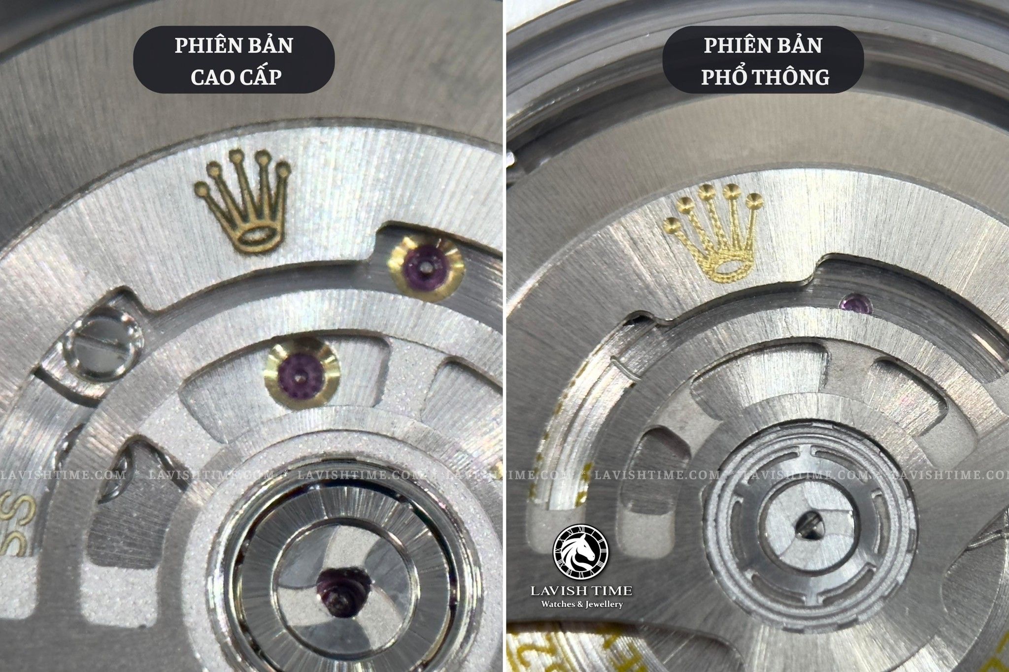 So sánh logo vương miệng Rolex trong bộ máy giữa đồng hồ Rolex Datejust 41mm 126334 phiên bản cao cấp Super Vip tại Lavish Time và phiên bản phổ thông.