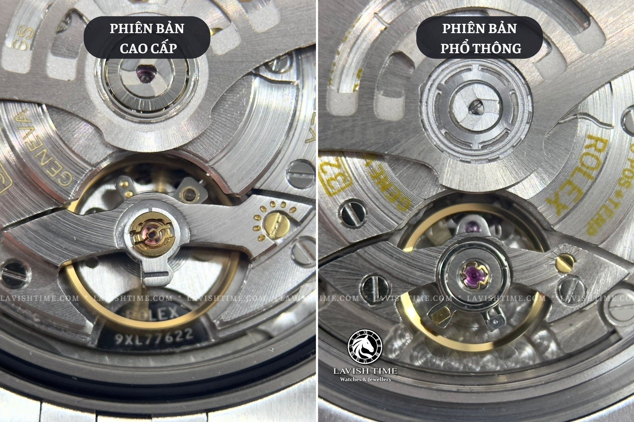So sánh bánh xe cân bằng trong bộ máy giữa đồng hồ Rolex Datejust 41mm 126334 phiên bản cao cấp Super Vip tại Lavish Time và phiên bản phổ thông.