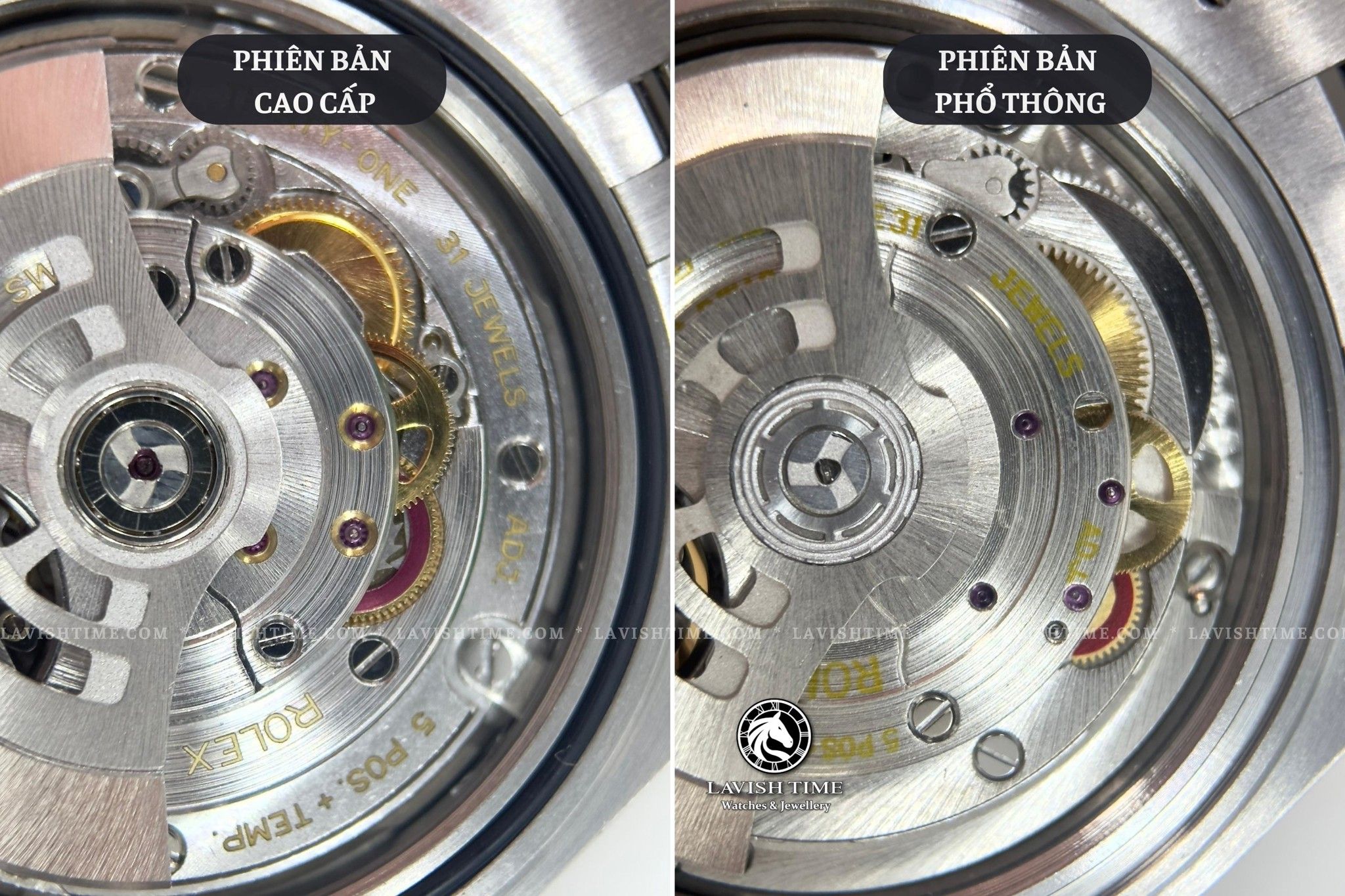 So sánh bánh răng trong bộ máy giữa đồng hồ Rolex Datejust 41mm 126334 phiên bản cao cấp Super Vip tại Lavish Time và phiên bản phổ thông.