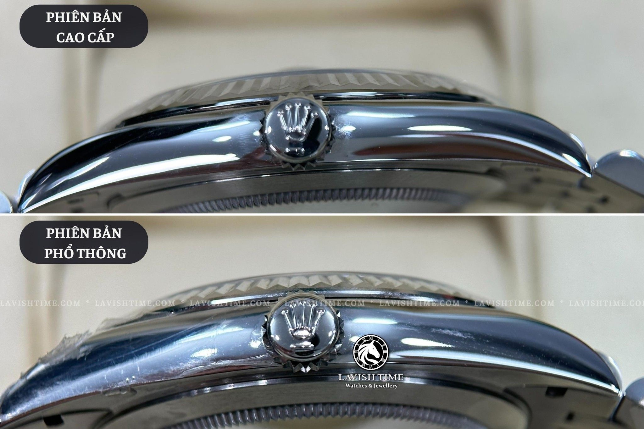 So sánh núm vặn đồng hồ Rolex Datejust 41mm 126334 phiên bản cao cấp Super Vip tại Lavish Time và phiên bản phổ thông.