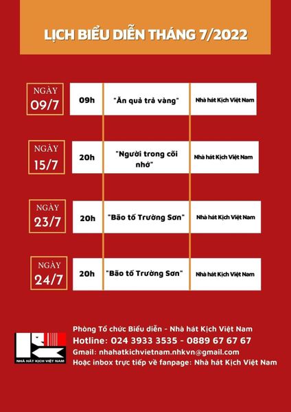 NHÀ HÁT KỊCH VIỆT NAM CẬP NHẬT LỊCH BIỂU DIỄN THÁNG 7