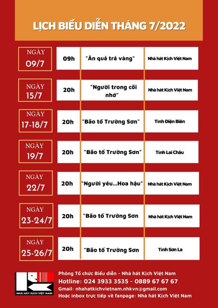 NHÀ HÁT KỊCH VIỆT NAM CẬP NHẬT LỊCH BIỂU DIỄN THÁNG 7